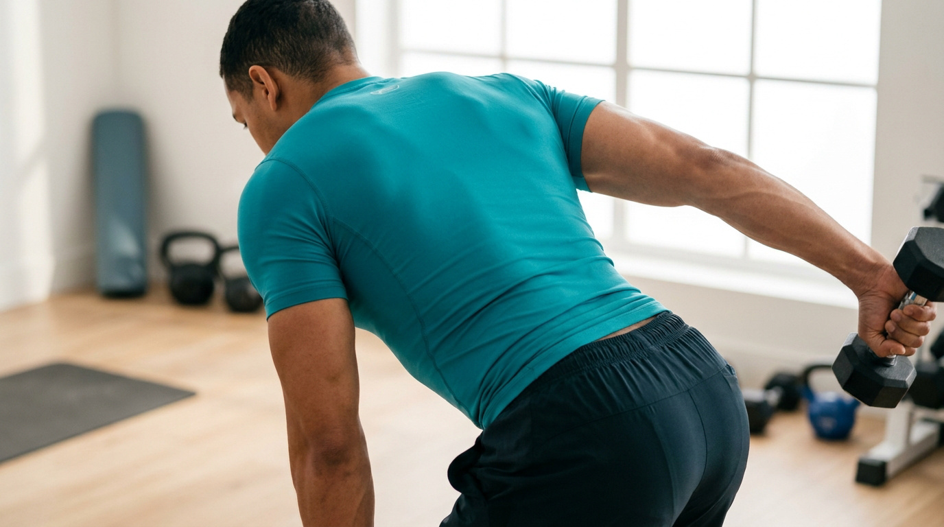 Un homme en t-shirt bleu effectuant un extension de triceps avec un haltère dans une salle de sport lumineuse.