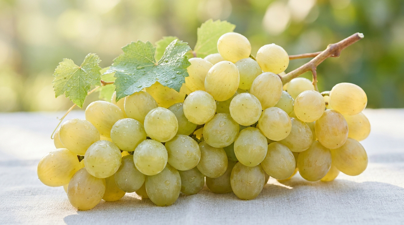 Une grappe de raisin blanc frais et brillant avec des feuilles, posée sur une nappe en lin clair.