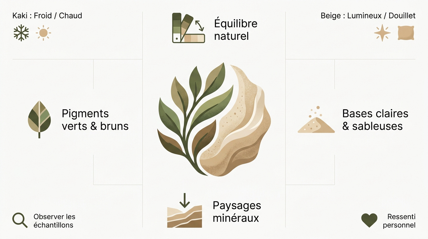 Ambiance de salon décoré en nuances de kaki et beige avec des matières naturelles