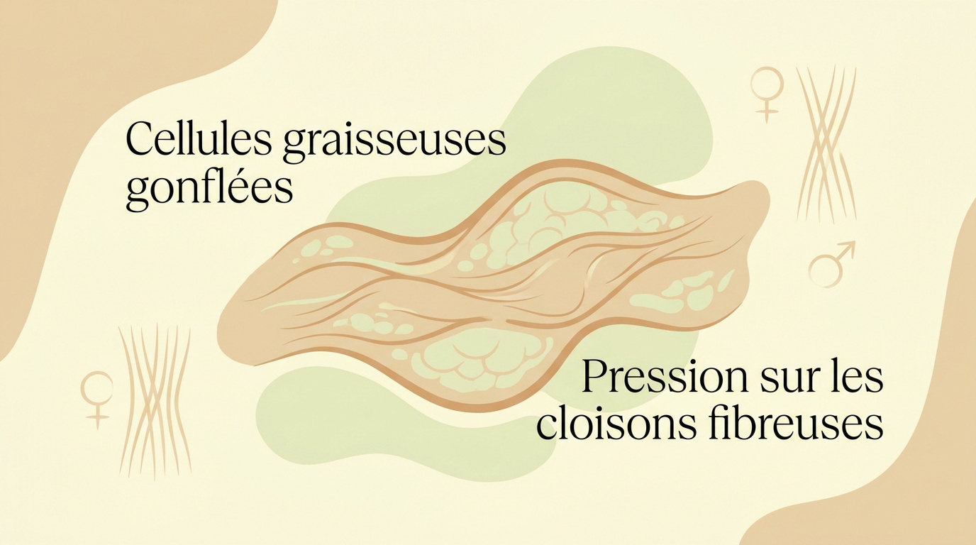 Schéma montrant les adipocytes gonflés et la pression sur les cloisons fibreuses de la peau