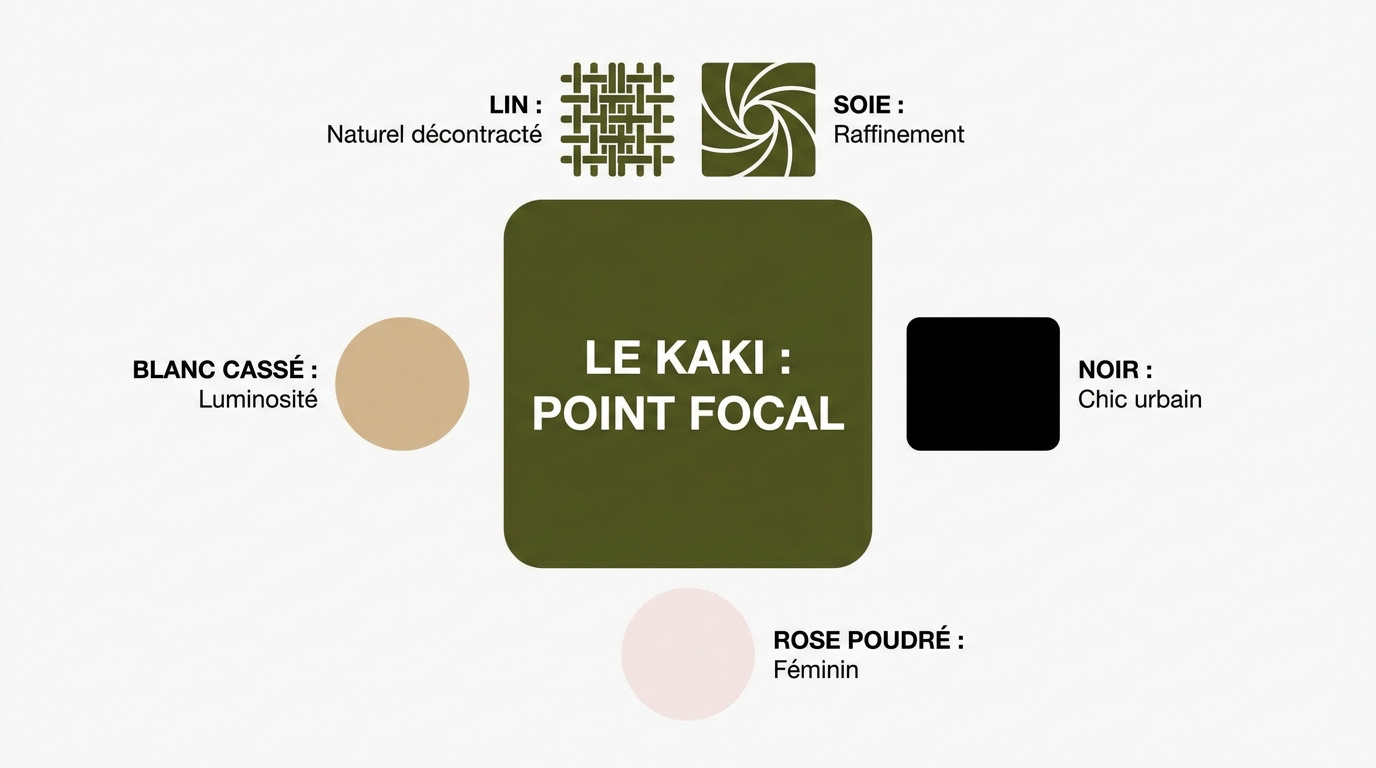 Infographie des meilleures associations de couleurs avec le kaki selon le style et la saison