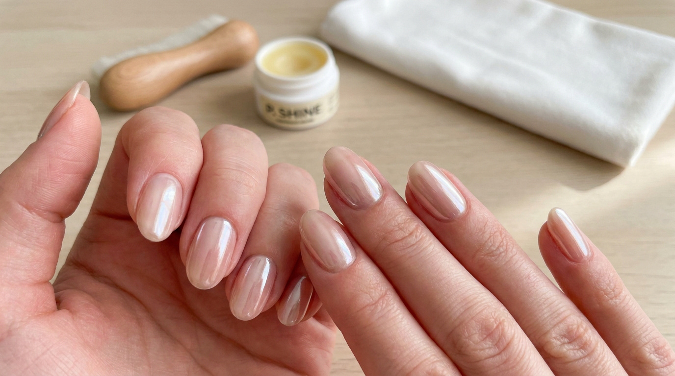 Mains aux ongles parfaitement polis et brillants avec un kit de manucure japonaise en arrière-plan.