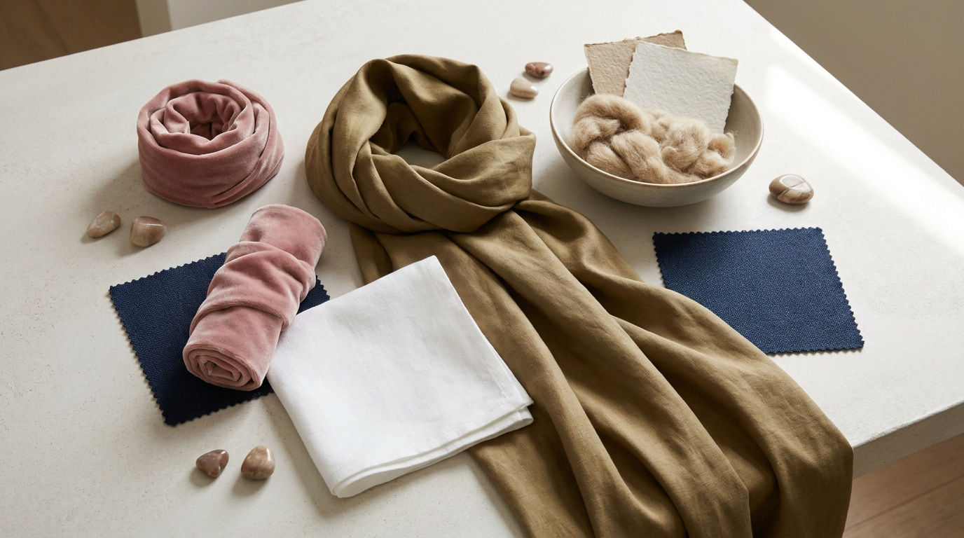 Composition de tissus, écharpe kaki, velours vieux rose et échantillons bleu marine sur fond blanc.