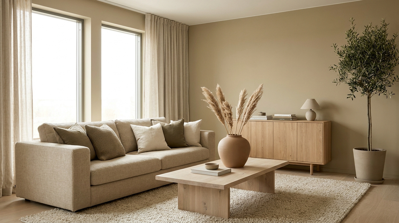 Salon élégant aux nuances kaki et beige avec canapé confortable, table basse en bois et décorations épurées.