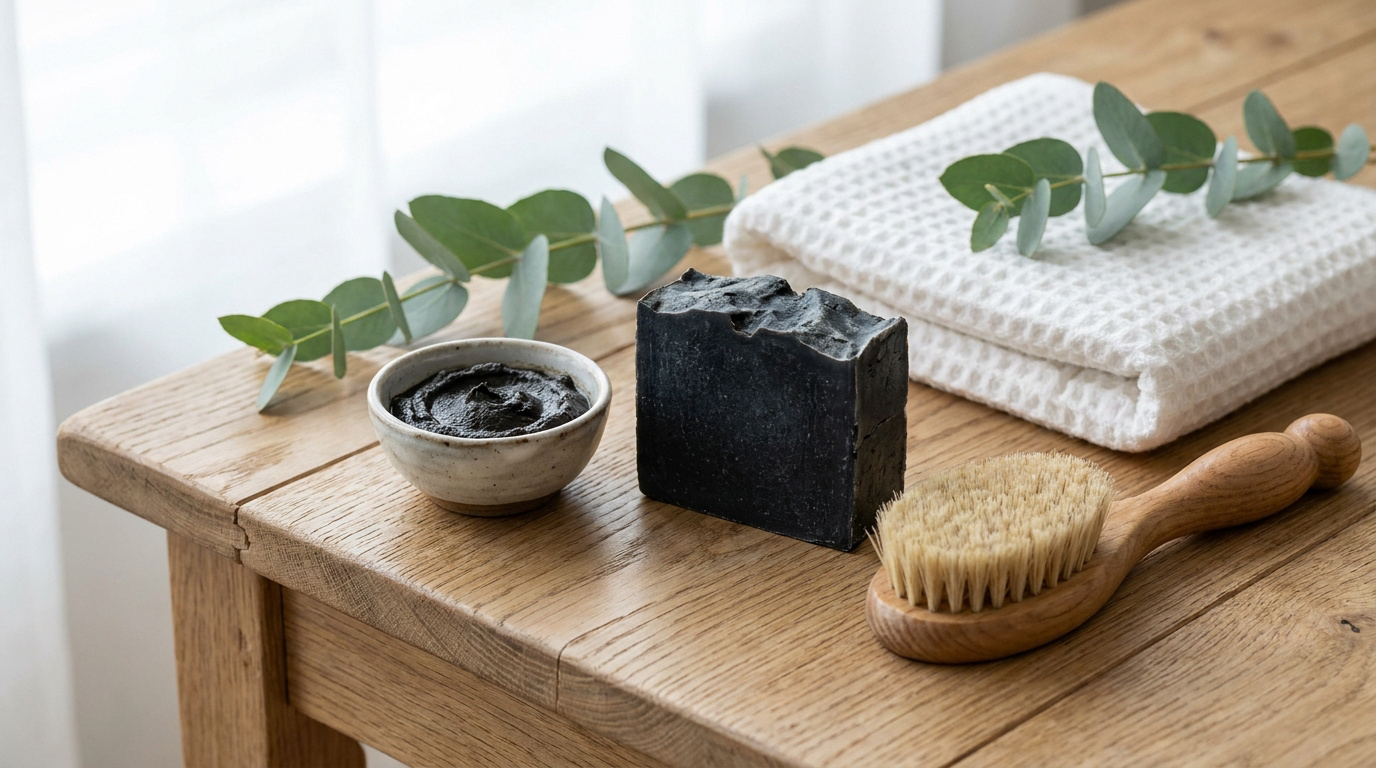 Savon noir, coupelle, brosse et serviette sur une table en bois avec des feuilles d'eucalyptus.