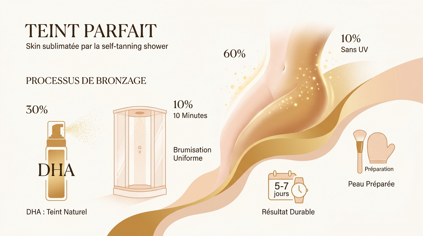 Processus de coloration de la peau par douche autobronzante