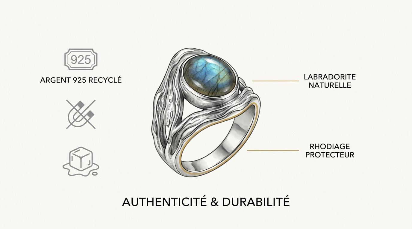 Bague bohème en argent 925 avec labradorite naturelle