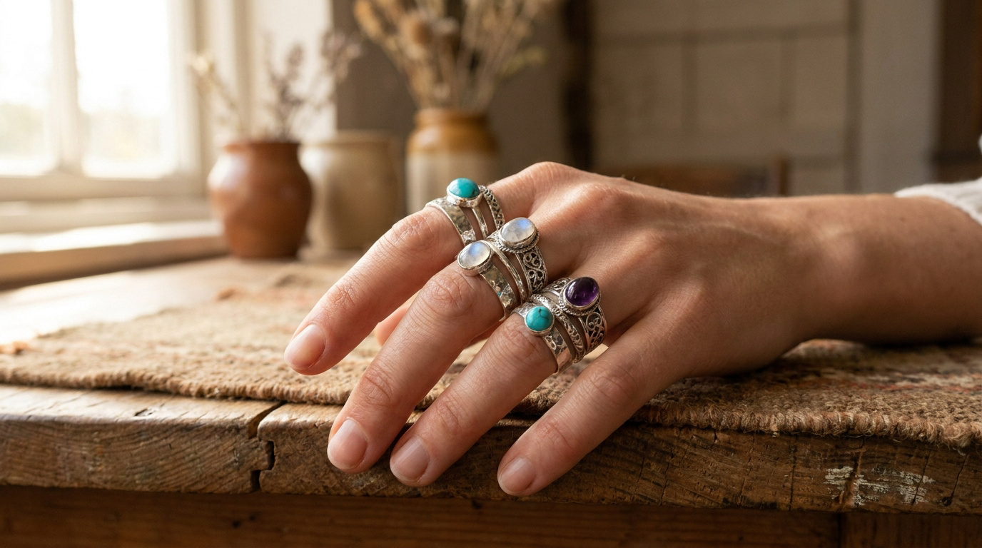 Main féminine portant plusieurs bagues en argent avec des pierres turquoise, améthyste et pierre de lune.