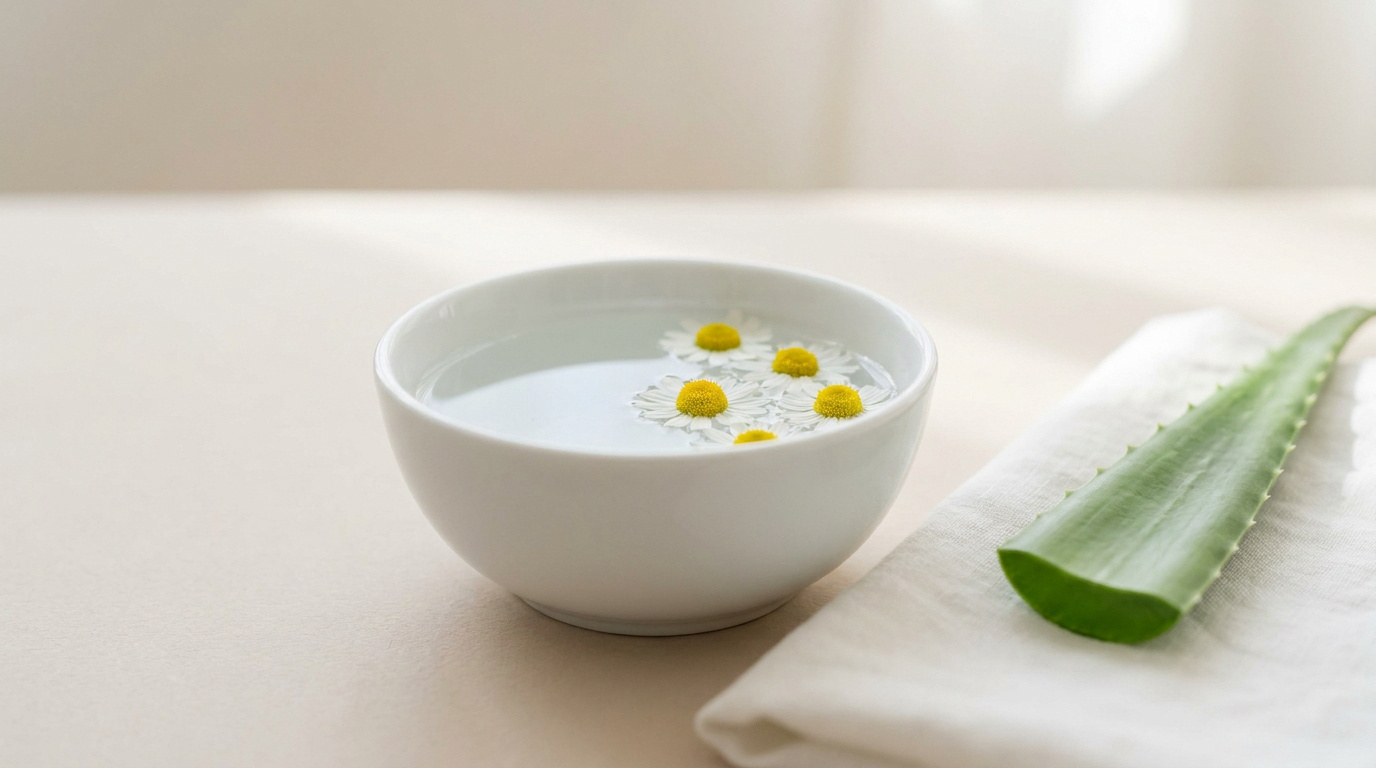 Bol d'eau avec des fleurs de camomille et une feuille d'aloe vera sur un tissu blanc, dans une lumière douce.