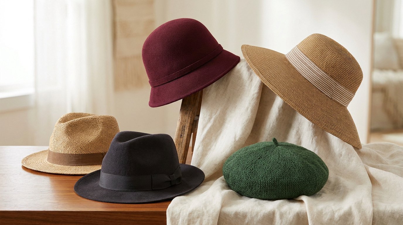 Collection de chapeaux variés posés sur une table : un feutre bordeaux, un fedora noir, un chapeau de paille et un béret vert.