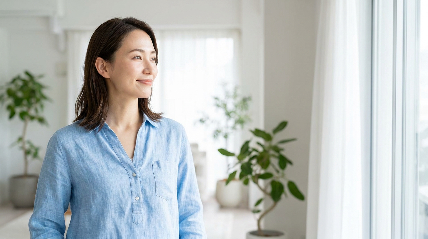 Une femme japonaise souriante et sereine porte une chemise bleu clair dans un intérieur lumineux et végétalisé.