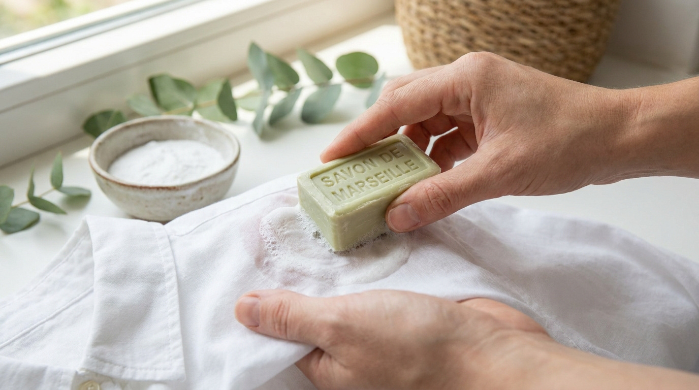 Mains frottant une tache sur une chemise blanche avec un bloc de savon de Marseille.