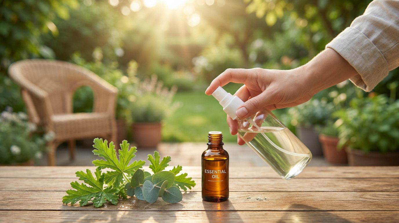 Main tenant un vaporisateur d'huile essentielle avec des plantes sur une table en bois dans un jardin ensoleillé.