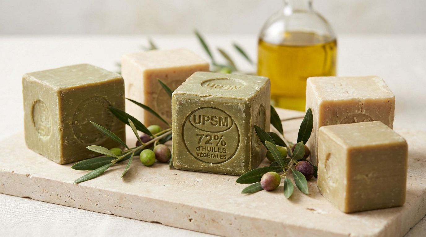Cubes de savon de Marseille traditionnels avec une mention 72% d'huiles végétales et des branches d'olivier sur une pierre.