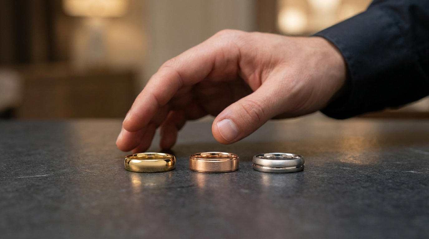 Une main d'homme s'approche de trois alliances en or de différentes couleurs posées sur une table en pierre.