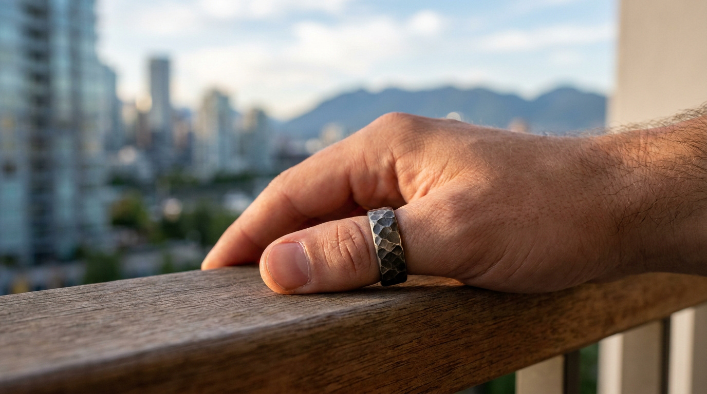 Main d'homme portant une bague en métal martelé sur le pouce, avec une ville en arrière-plan flou.