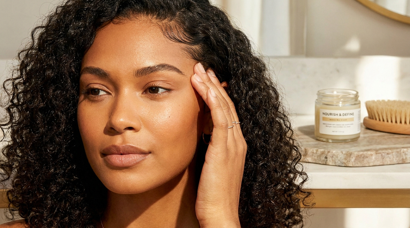 Femme aux cheveux bouclés coiffant ses baby hair avec un produit capillaire sur un comptoir en marbre.