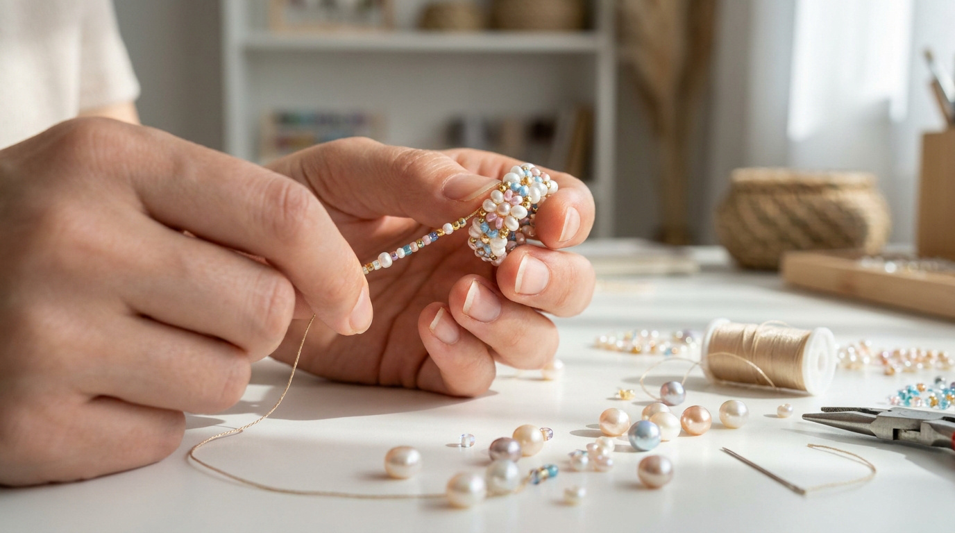 Mains d'une personne enfilant des perles délicates sur un fil pour confectionner une bague fleurie artisanale.