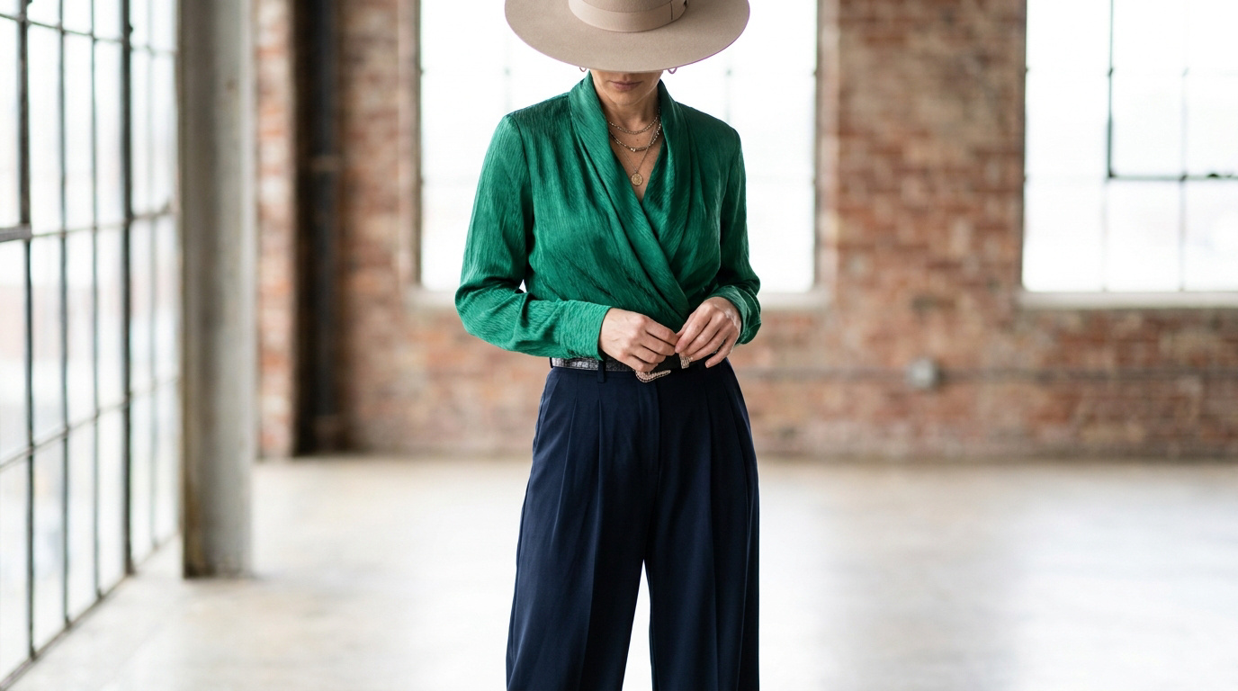 Une femme porte un chemisier vert émeraude drapé, un chapeau beige et un pantalon sombre dans un studio industriel.
