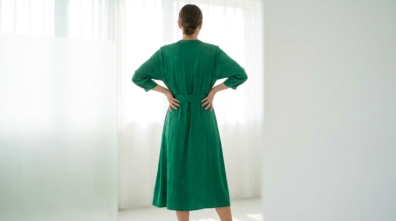 Femme vue de dos portant une robe midi verte cintrée à la taille devant une fenêtre lumineuse.