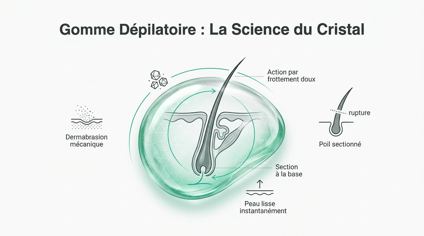 Infographie expliquant le fonctionnement de la gomme dépilatoire à nanocristaux