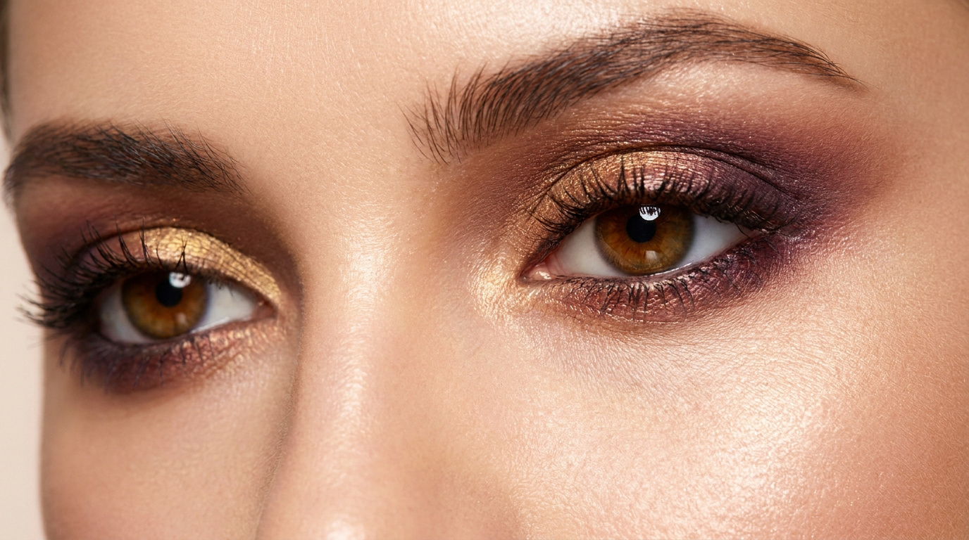 Gros plan sur un regard aux yeux marrons sublimé par un fard à paupières doré et prune, avec des sourcils bien dessinés.