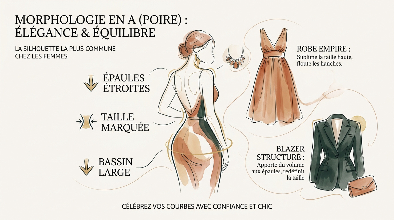 Illustration d'une femme avec une silhouette en A mettant en valeur l'équilibre entre les épaules et les hanches