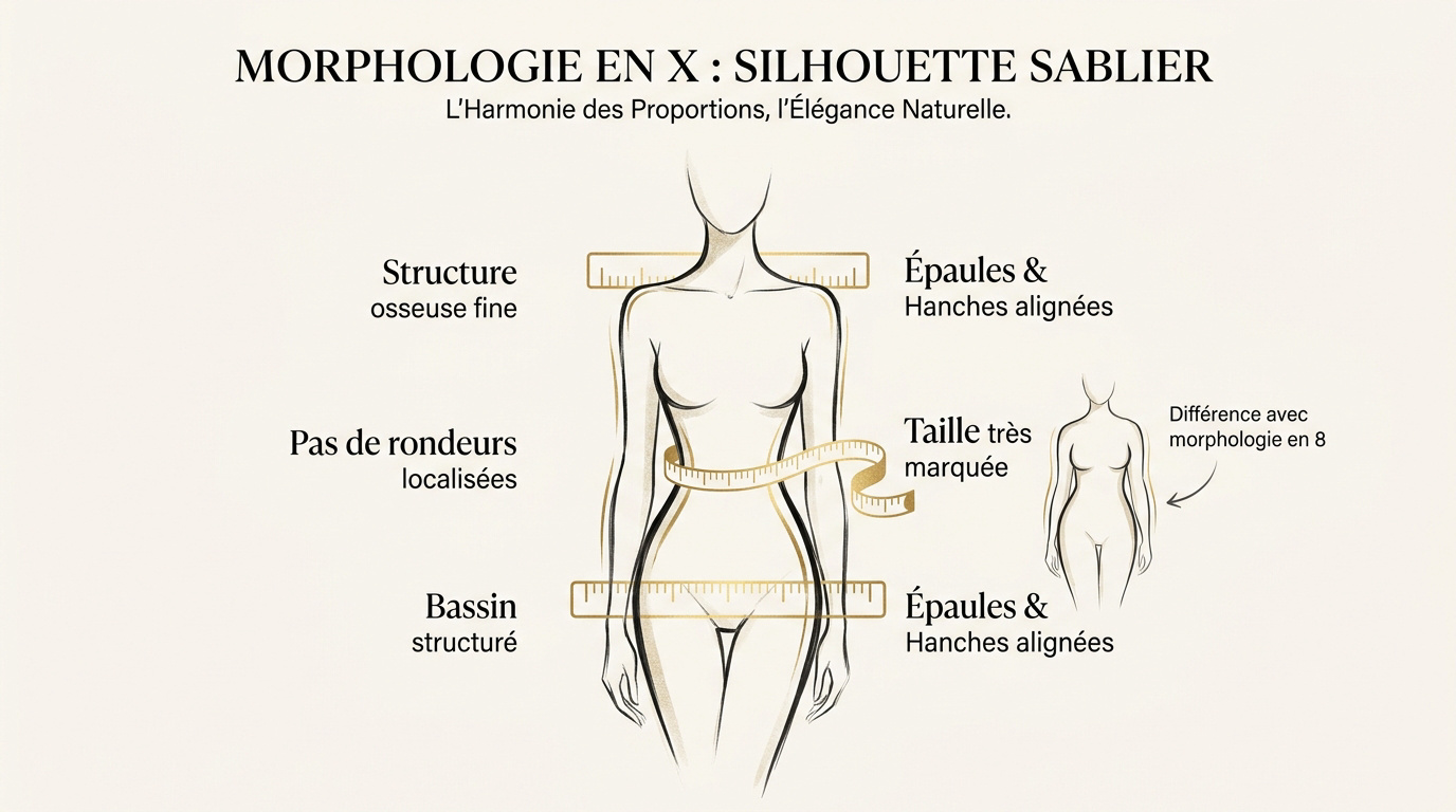 Schéma d'une femme avec une morphologie en X montrant l'alignement des épaules et des hanches