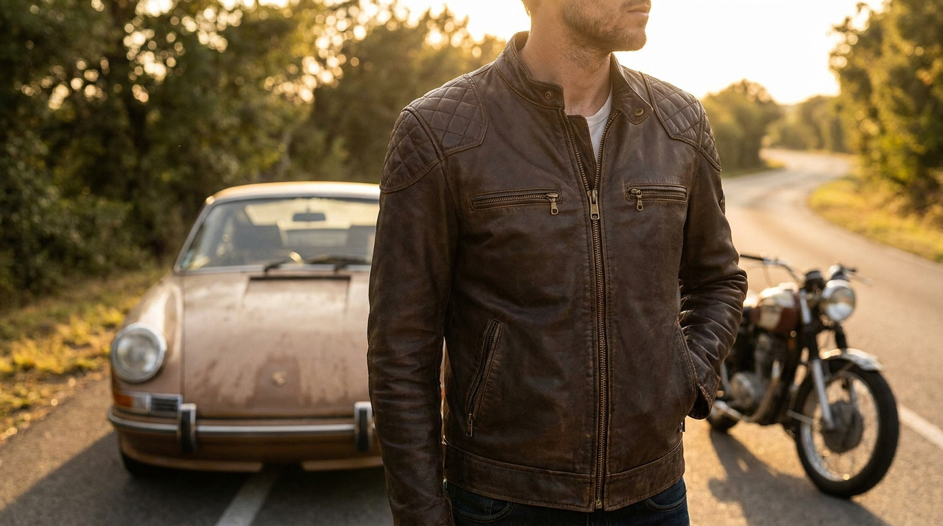 Homme portant un blouson en cuir marron matelassé, posant devant une voiture ancienne et une moto sur une route.