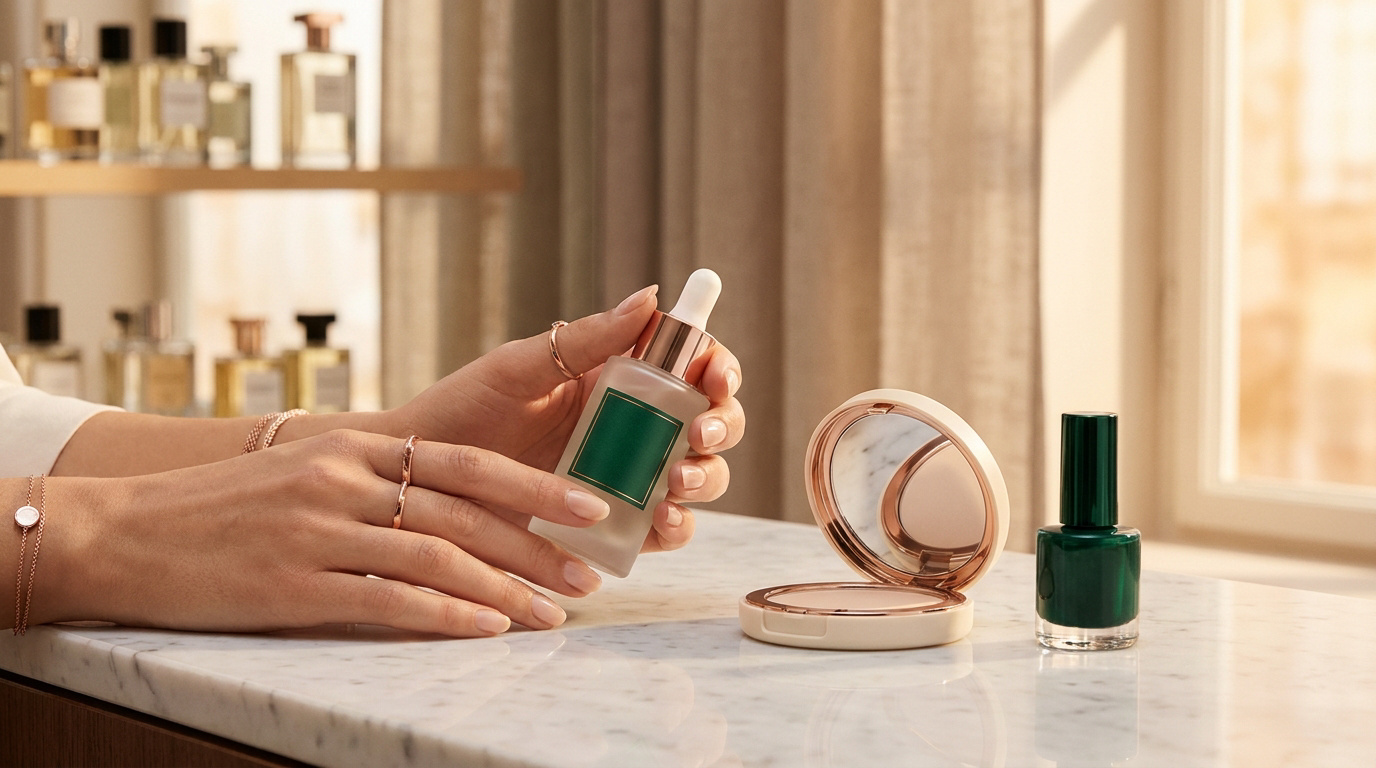 Mains tenant un flacon de sérum sur un comptoir en marbre avec une poudre compacte et un vernis à ongles vert foncé.