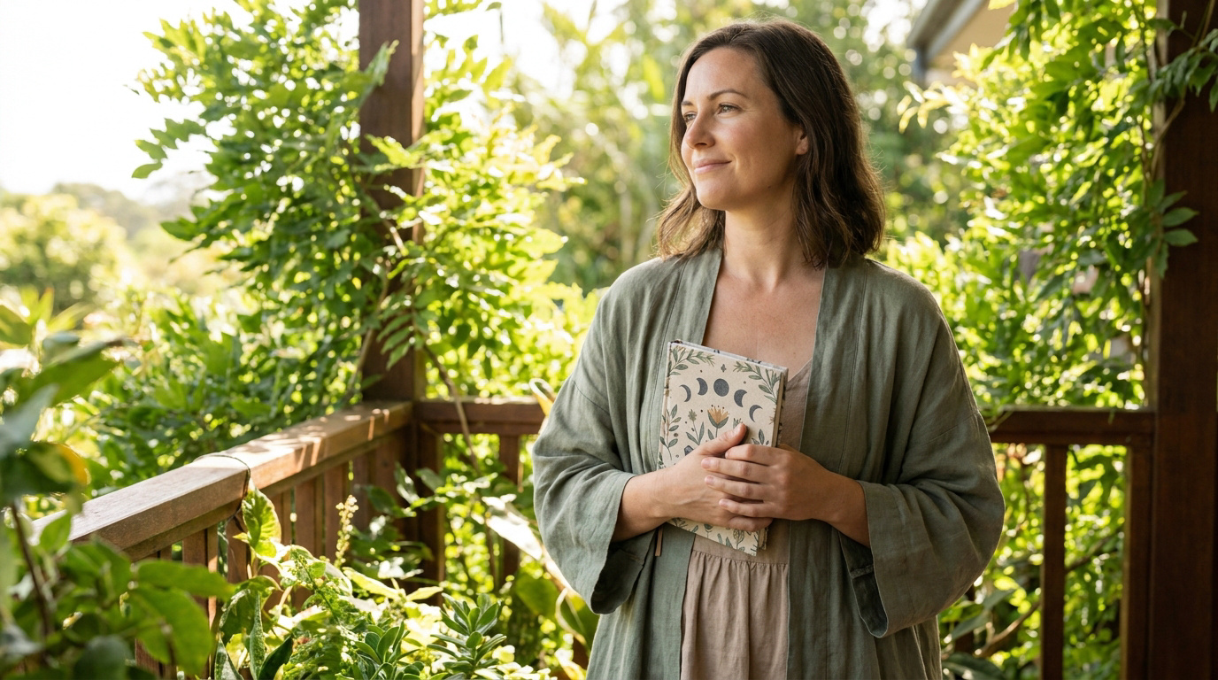 Une femme souriante tenant un carnet illustré de phases lunaires, debout sur une terrasse entourée de verdure.