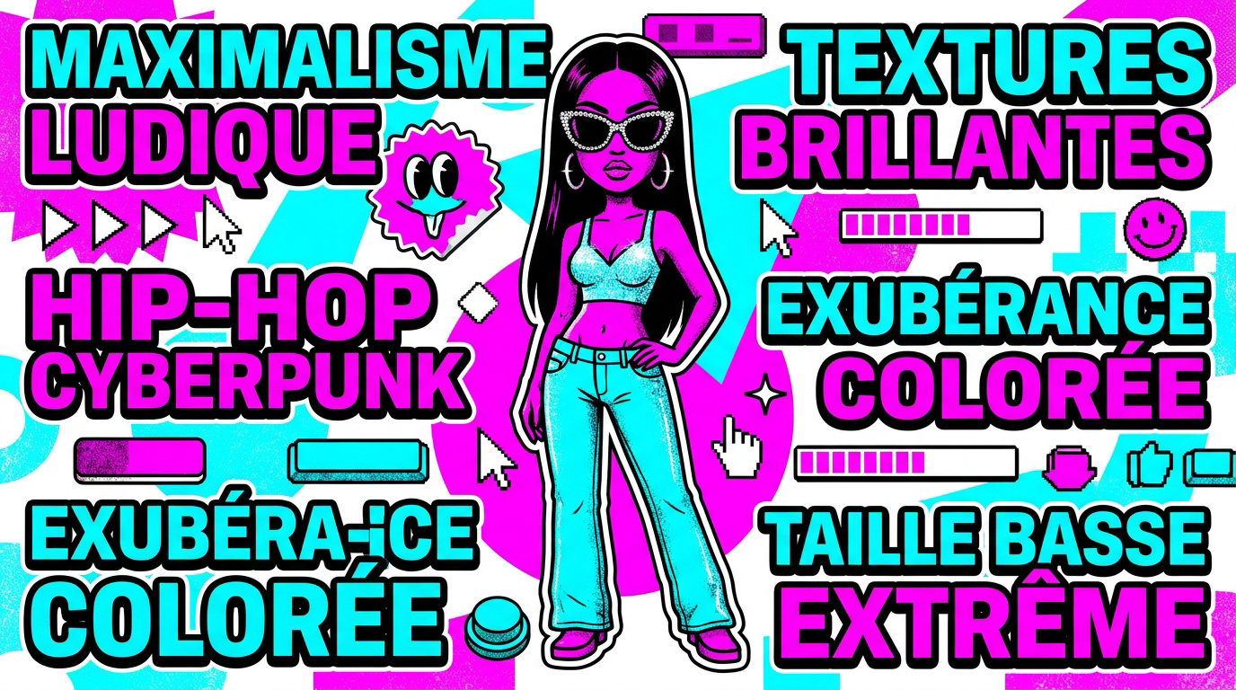 Icône pop des années 2000 avec un look maximaliste et accessoires brillants