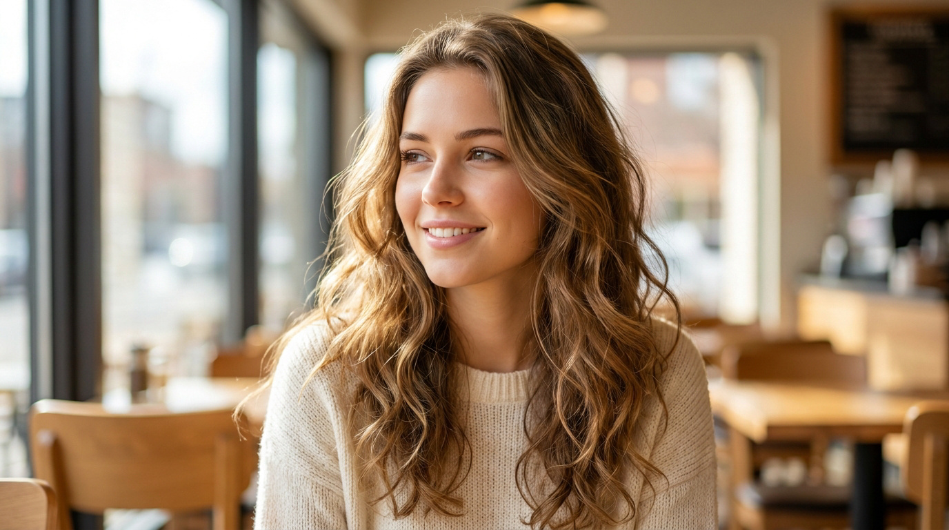 Jeune femme souriante avec de longs cheveux ondulés naturels dans un café lumineux.