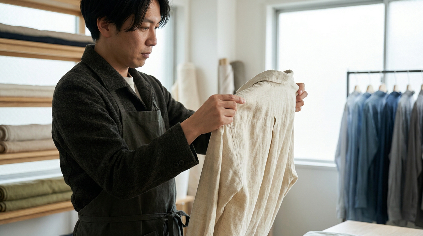 Un artisan examine attentivement une chemise en lin dans son atelier de confection textile.