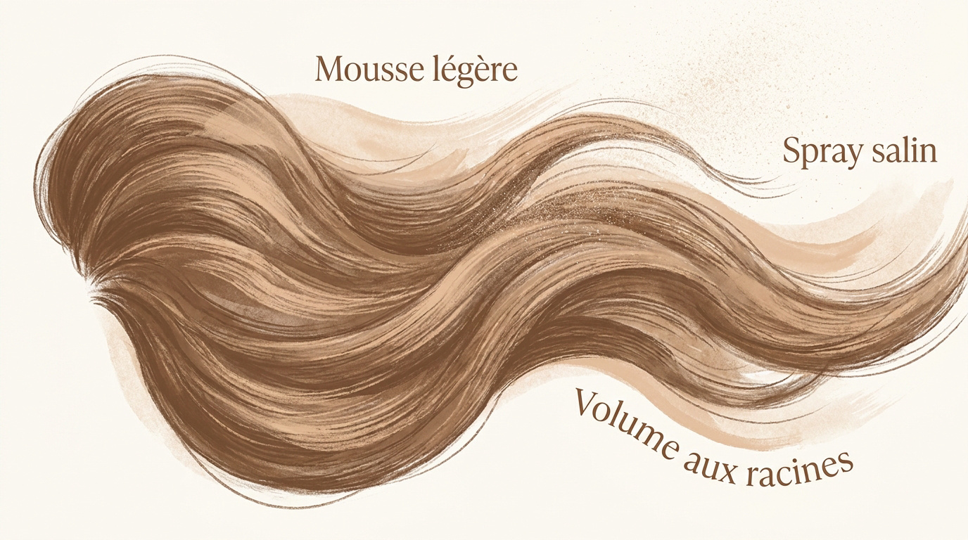 Chevelure volumineuse préparée avec mousse et spray salin