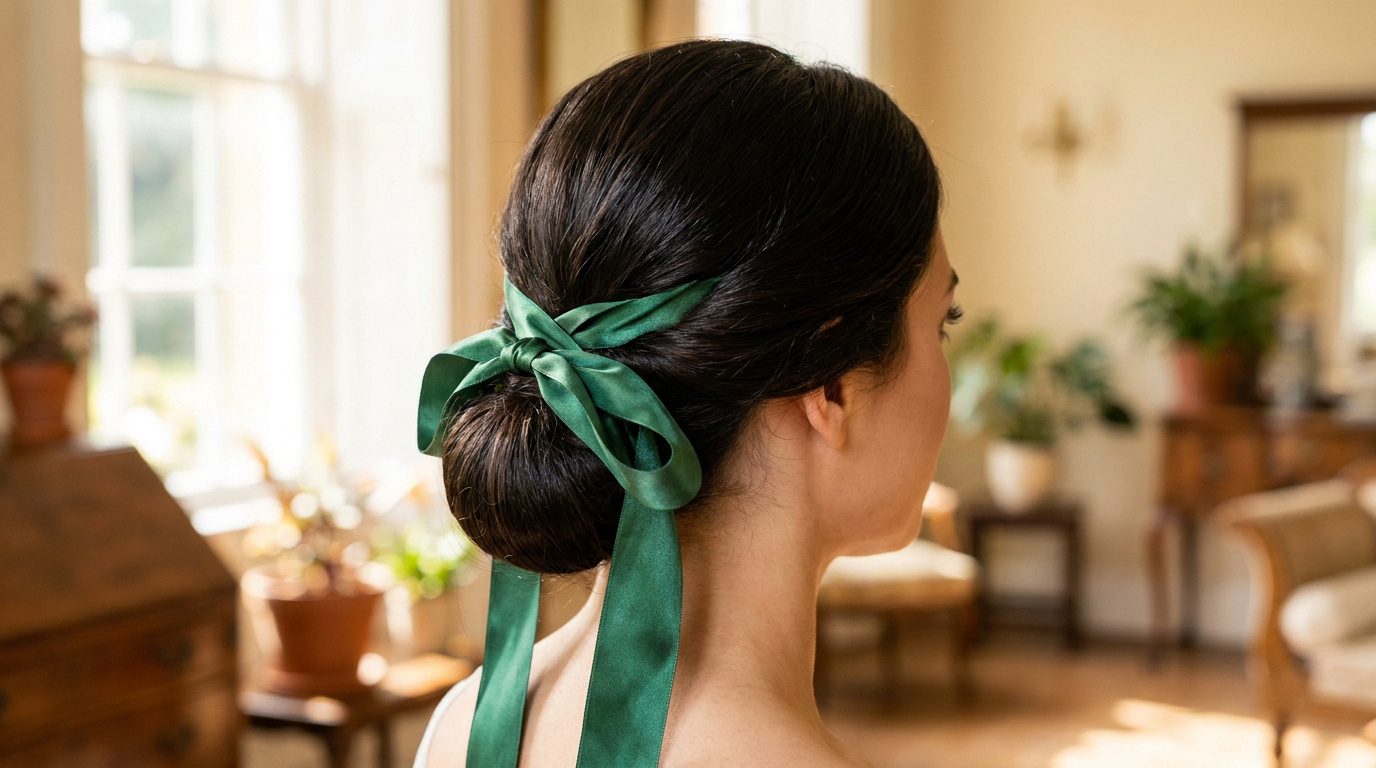 Vue de dos d'une femme avec un chignon bas élégant accessoirisé d'un long ruban en satin vert émeraude.