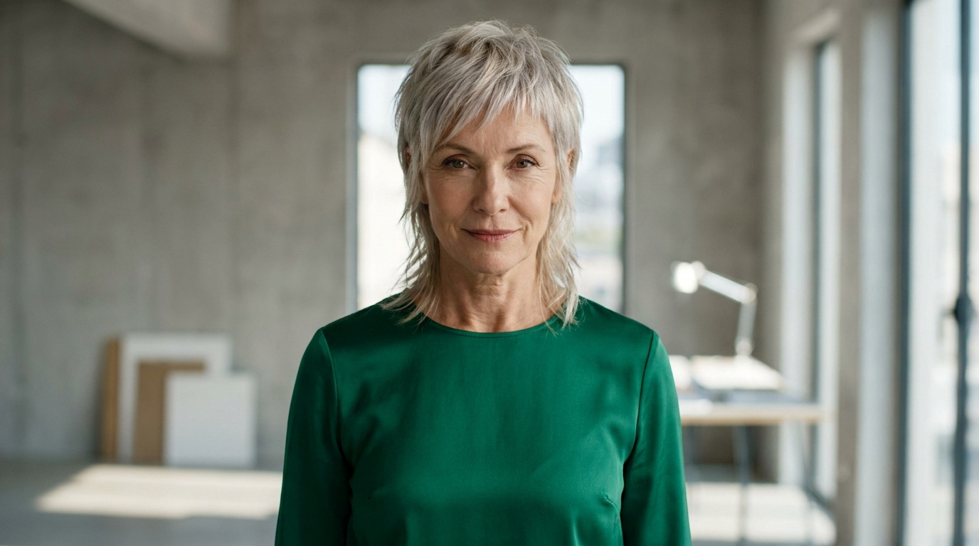 Femme de 60 ans aux cheveux gris avec une coupe mulet tendance, portant un haut vert dans un intérieur minimaliste.