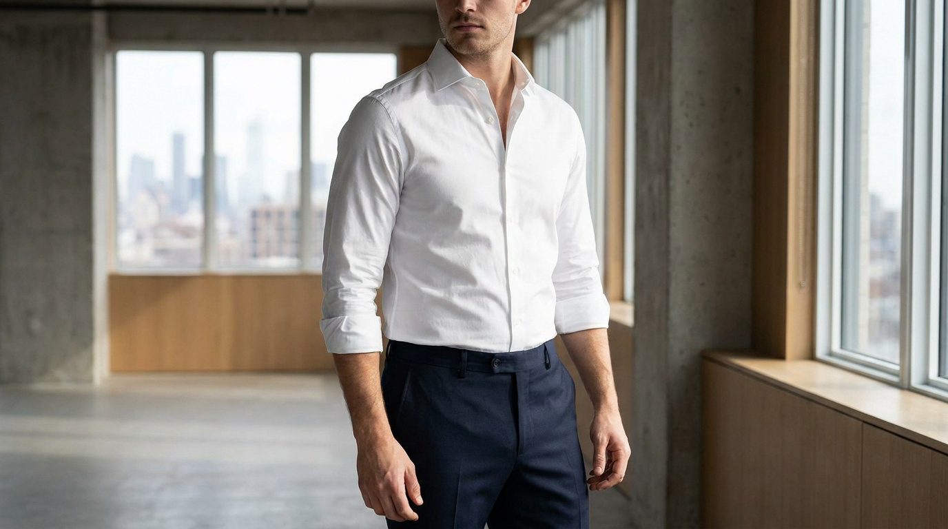 Homme portant une chemise blanche slim et un pantalon sombre dans un bureau moderne avec vue sur la ville.