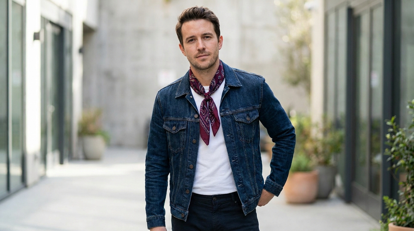 Un homme élégant porte un bandana bordeaux à motifs autour du cou, associé à une veste en jean et un t-shirt blanc.