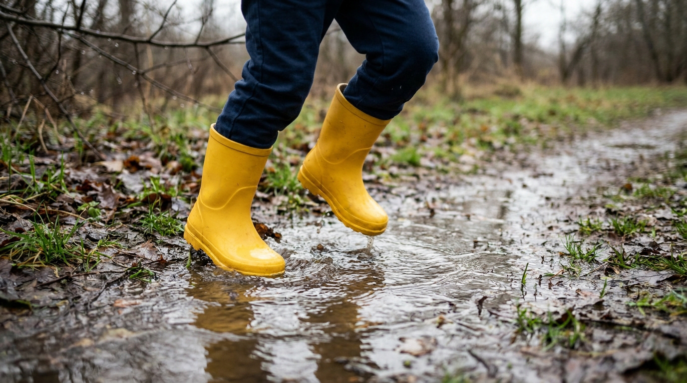 Un enfant portant des bottes de pluie jaunes Igor saute dans une flaque d'eau en forêt.