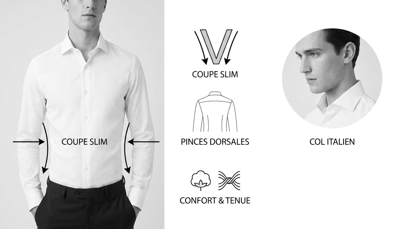 Détails techniques de la coupe d'une chemise slim pour homme