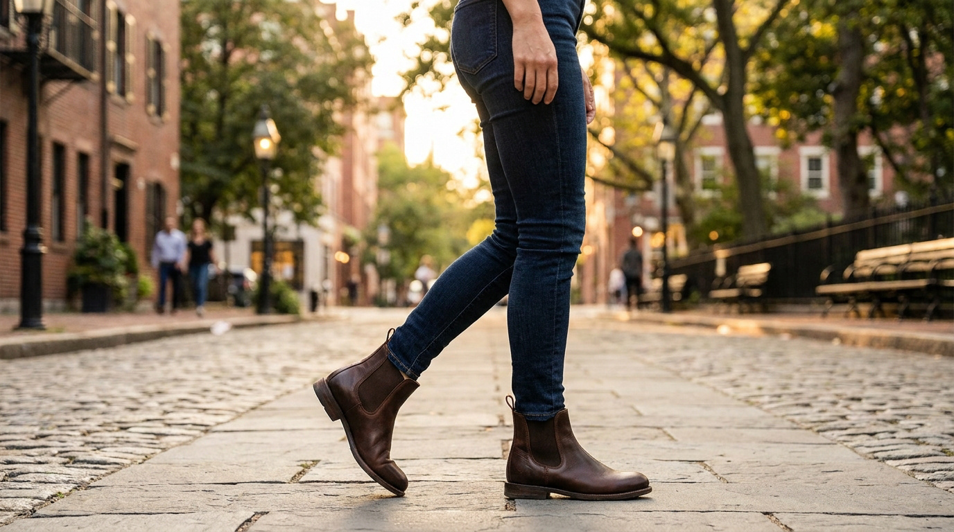 Femme portant des bottines Chelsea en cuir marron et un jean slim marchant dans une rue pavée.