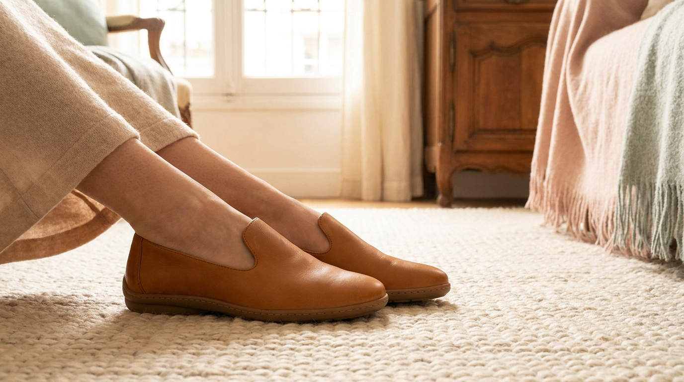 Pieds portant des mocassins en cuir marron confortables posés sur un tapis clair dans un salon chaleureux.