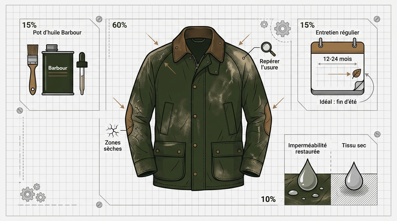 Entretien d'une veste Barbour avec application de cire protectrice