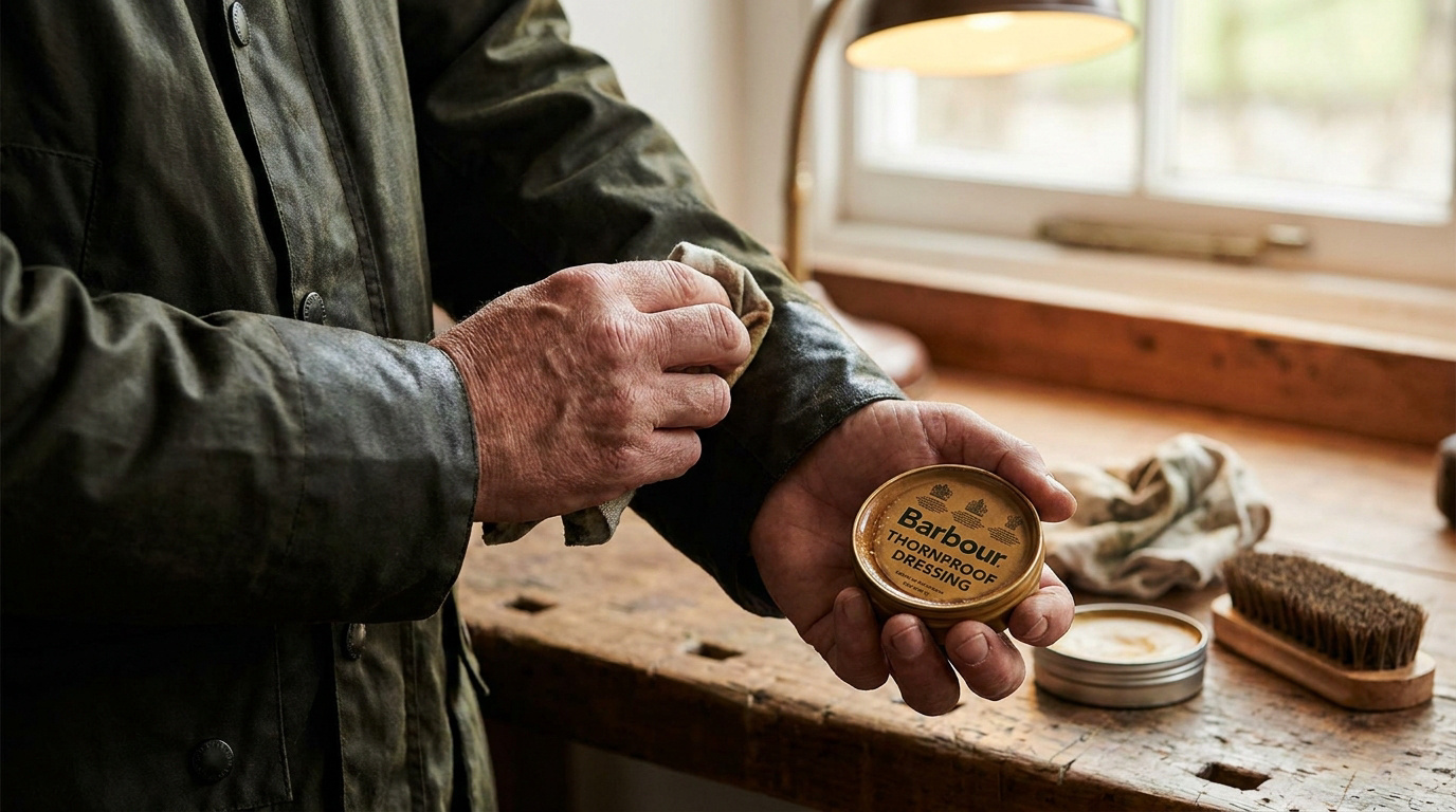 Mains appliquant de la cire Barbour sur une veste huilée avec un chiffon sur un établi en bois.