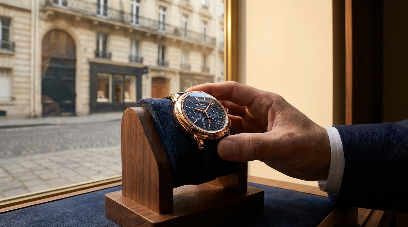 Une main ajustant une montre de luxe à cadran bleu sur un présentoir en bois devant une rue parisienne.