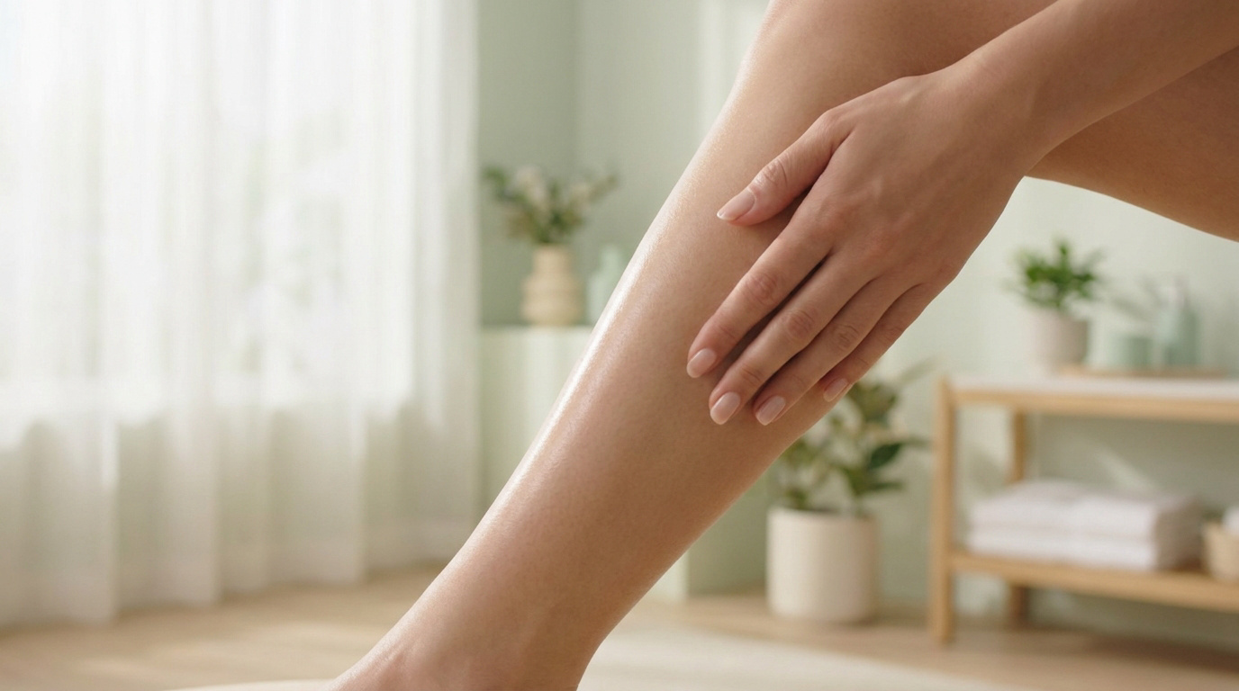 Gros plan sur une main caressant une jambe lisse et hydratée dans une pièce lumineuse au style épuré.